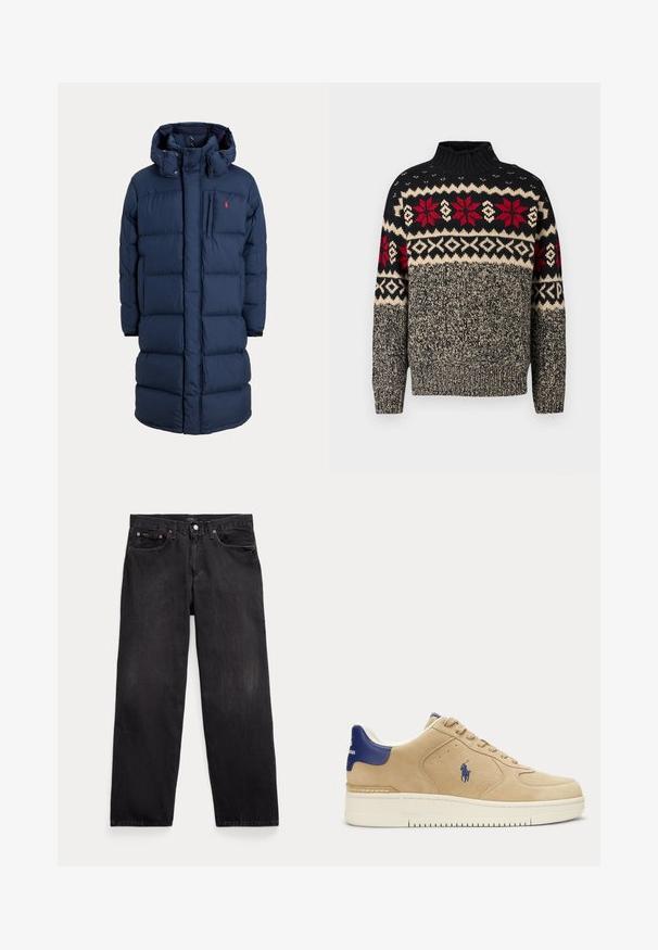 Marineblauer langer gepolsterter Wintermantel mit Kapuze, Frontreißverschluss, Brusttasche und kleinem roten Logo auf der linken Brustseite.; Strickpullover in Schwarz, Creme und Rot mit hohem Kragen, verziert mit Schneeflocken- und geometrischen Mustern sowie Knopfakzenten auf der Schulter.; Schwarze Jeans mit geradem Bein, fünf Taschen, Knopfverschluss und sichtbaren Metallnieten an den vorderen Taschen.; Beigefarbener Wildleder-Sneaker mit dunkelblauem Fersenlasche und Logo, weißer Sohle, Schnürdesign und Polo-Spieler-Stickerei an der Seite.