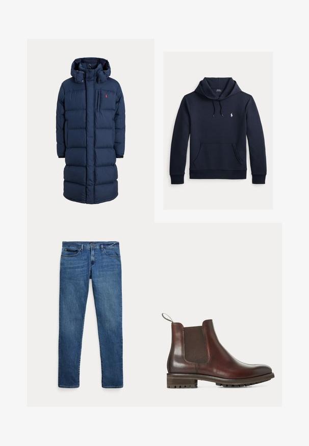 Marineblauer langer gepolsterter Wintermantel mit Kapuze, Frontreißverschluss, Brusttasche und kleinem roten Logo auf der linken Brustseite.; Dunkel marineblauer Kapuzenpullover mit vorderer Kängurutasche, Kapuzenkordel, langen Ärmeln und kleinem weißen Polo Ralph Lauren Logo auf der Brust.; Blaue Jeans aus Denim mit schmalem Schnitt, ausgestattet mit vorderen Taschen, Gürtelschlaufen und einem Knopfverschluss vor weißem Hintergrund.; Brauner Lederchelsea-Stiefel mit elastischem Seitenteil, Zuglasche an der Ferse und grober Gummisohle mit Profil.