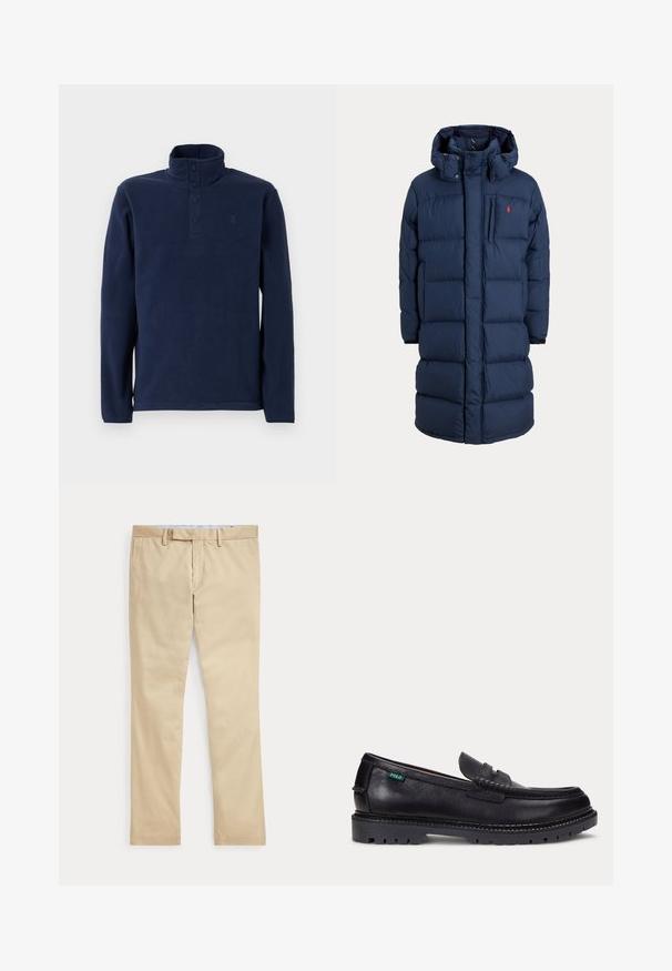 Marineblauer langer gepolsterter Wintermantel mit Kapuze, Frontreißverschluss, Brusttasche und kleinem roten Logo auf der linken Brustseite.; Marineblauer Fleece-Pullover mit hohem Kragen und Knopfleiste mit vier Knöpfen. Verfügt über lange Ärmel und ein kleines Logo auf der Brust. Weiche Textur.; Beige gerade Hose mit Gürtelschlaufen und einem vorderen Reißverschluss, flach auf weißem Hintergrund gelegt.; Schwarzer Lederloafer mit dicker Profilsohle und kleinem grünen "Polo"-Etikett an der Außenseite nahe der Ferse.