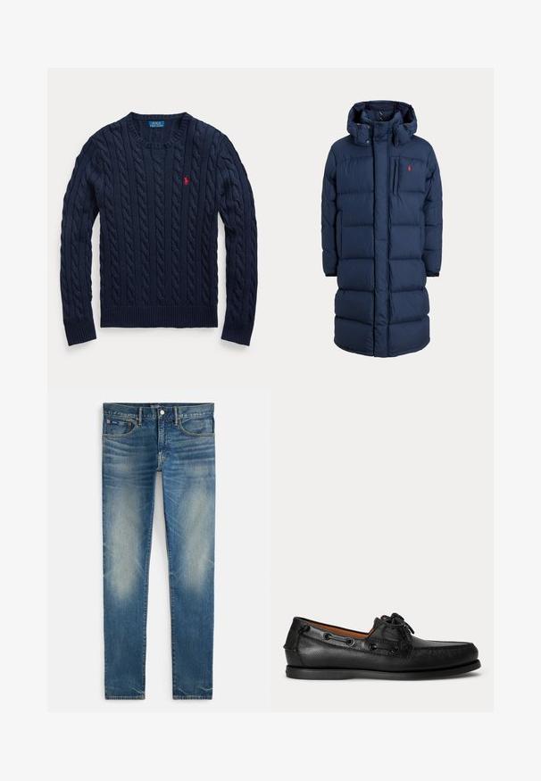 Marineblå lang polstret vinterjakke med hætte, lynlås foran, brystlomme og lille rød logo på venstre brystområde.; Marineblå kabelstrikket rundhalset sweater med lange ærmer og lille rød broderet Polo Ralph Lauren logo på venstre bryst.; Blå falmede smalle jeans med knappelukning og lynlås, forlommer og lille møntlomme, vist fladt på hvid baggrund.; Sort lædermoccasin med snøredetalje og lav gummisål, vist fra siden på ensartet lys baggrund.