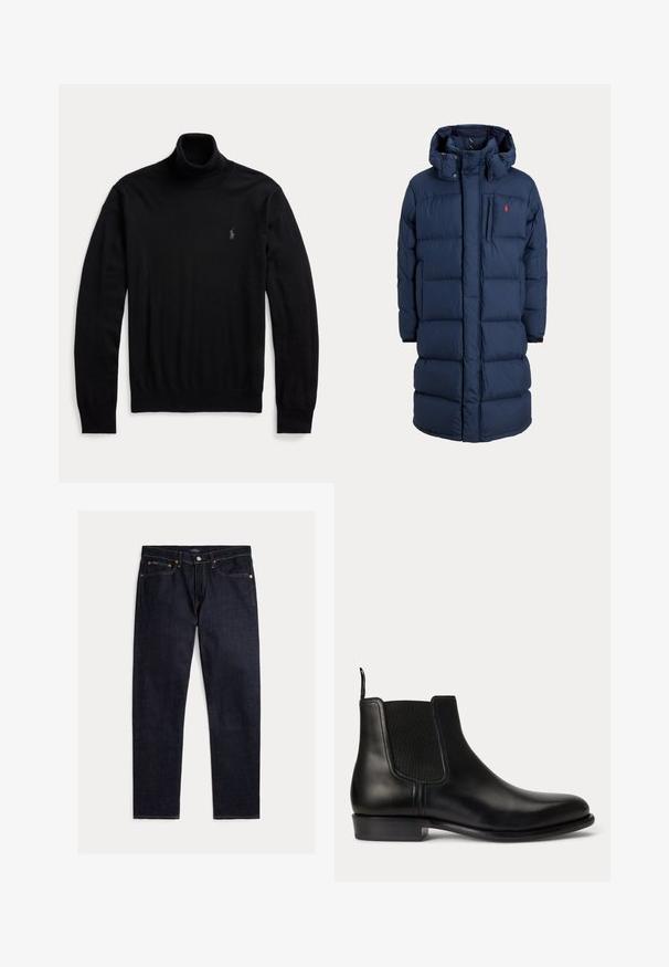 Marineblauer langer gepolsterter Wintermantel mit Kapuze, Frontreißverschluss, Brusttasche und kleinem roten Logo auf der linken Brustseite.; Schwarzer Langarm-Rollkragenpullover mit gerippten Bündchen und Saum, mit kleinem gesticktem Logo auf der linken Brust.; Dunkel indigoblaue Jeans mit geradem Bein, fünf Taschen, Knopf- und Reißverschluss und kontrastierenden orangen Nähten auf einfarbigem Hintergrund.; Schwarzer Chelsea-Lederschuh mit elastischem Seitenteil, niedrigem Absatz und Zuglasche hinten, von der Außenseite auf weißem Hintergrund gezeigt.