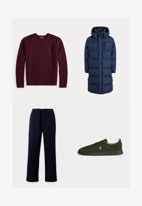 Marineblauer langer gepolsterter Wintermantel mit Kapuze, Frontreißverschluss, Brusttasche und kleinem roten Logo auf der linken Brustseite.; Bordeauxroter Strickpullover mit Rundhalsausschnitt, langen Ärmeln und kleinem grünem Polo Ralph Lauren-Logo auf der Brust.; Navyblaue Hosen mit weitem Bein, einem Kordelzug in der Taille und Nahtdetails entlang der Vorderseite jedes Beins, auf einfarbigem Hintergrund dargestellt.; Dunkelgrüner Wildleder-Low-Top-Sneaker mit Schnürsenkeln, Polo Ralph Lauren Logo an der Seite und Fersenlasche, weißes Innenfutter und strukturierte Sohle.