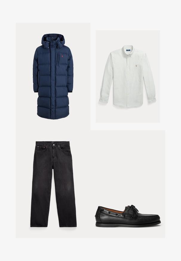 Marineblauer langer gepolsterter Wintermantel mit Kapuze, Frontreißverschluss, Brusttasche und kleinem roten Logo auf der linken Brustseite.; Hellgrünes und weiß gestreiftes Hemd aus Baumwolle mit Knopfleiste, klassischem Kragen und kleinem, gesticktem Logo auf der Brust.; Schwarze Jeans mit geradem Bein, fünf Taschen, Knopfverschluss und sichtbaren Metallnieten an den vorderen Taschen.; Schwarzer Ledermokassin mit Schnürdetail und flacher Gummisohle, seitlich auf hellem Hintergrund gezeigt.