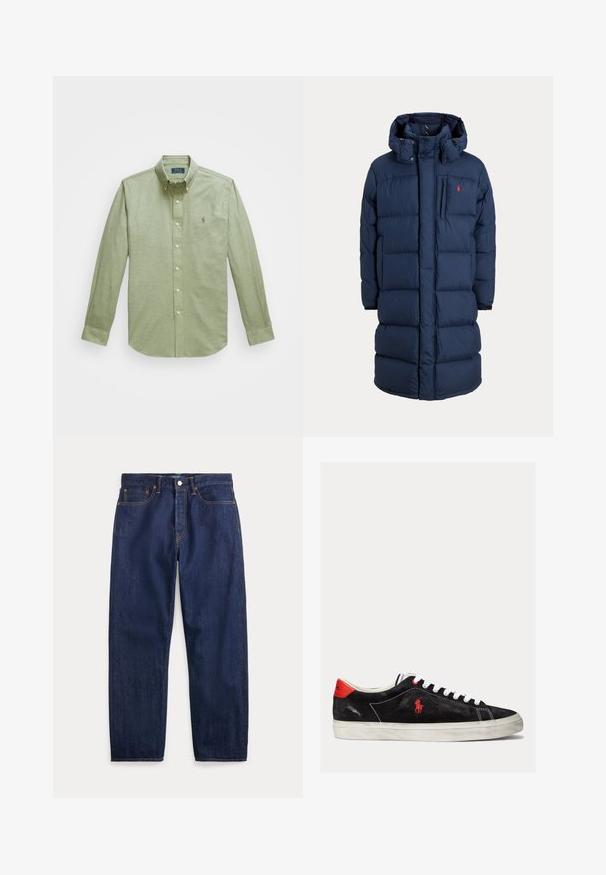 Marineblauer langer gepolsterter Wintermantel mit Kapuze, Frontreißverschluss, Brusttasche und kleinem roten Logo auf der linken Brustseite.; Hellgrünes Langarmhemd mit Knopfleiste, das einen spitzen Kragen, ein kleines gesticktes Logo auf der Brust und Perlenknöpfe aufweist.; Dunkelblaue Jeans aus Denim mit geraden Beinen, fünf Taschen, Knopfverschluss und sichtbaren Nähten.; Schwarze Wildleder-Sneaker mit weißen Schnürsenkeln, roten Akzenten an der Ferse und einem kleinen roten Logo. Sie verfügen über eine flache Gummisohle und einfache Nähte.