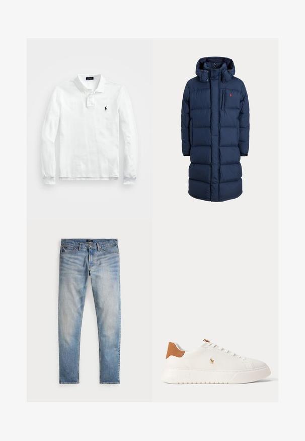 Marineblauer langer gepolsterter Wintermantel mit Kapuze, Frontreißverschluss, Brusttasche und kleinem roten Logo auf der linken Brustseite.; Weißes Langarm-Polohemd aus Baumwolle, mit klassischem Kragen, Knopfleiste mit drei Knöpfen und einem dunkelblauen Logo auf der linken Brust.; Helle blaue Denim-Jeans mit einem ausgewaschenen Finish, Fünf-Taschen-Design und kontrastierenden Nähten. Mit Reißverschluss und Gürtelschlaufen. Gerade geschnitten.; Weißer Sneaker mit niedrigem Schaft, beige Fersenlasche, weißen Schnürsenkeln und kleinem, besticktem Polospieler-Logo an der Seite über einer dicken Sohle.