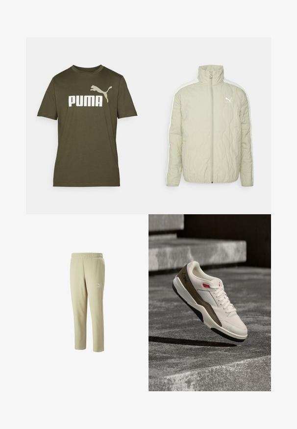 Hellbeige gesteppte Jacke mit hohem Kragen, Reißverschluss vorne und weißen Seitenpaneelen. Verfügt über ein kleines Logo auf der Brust und einen dezenten Glanz.; Olivgrünes Baumwoll-T-Shirt mit einem großen weißen "PUMA"-Logo und einem springenden PUMA-Grafik auf der linken Schulter. Kurze Ärmel, Rundhalsausschnitt.; Beige Jogginghosen mit elastischem Bund, zwei Seitentaschen und einem weißen Logo am linken Bein. Hergestellt aus weichem, strukturiertem Stoff.; Ein weißer und brauner Sneaker mit roten Akzenten schwebt über Betontreppen und zeigt sein Seitenprofil und die Schnürsenkel im klaren Tageslicht.