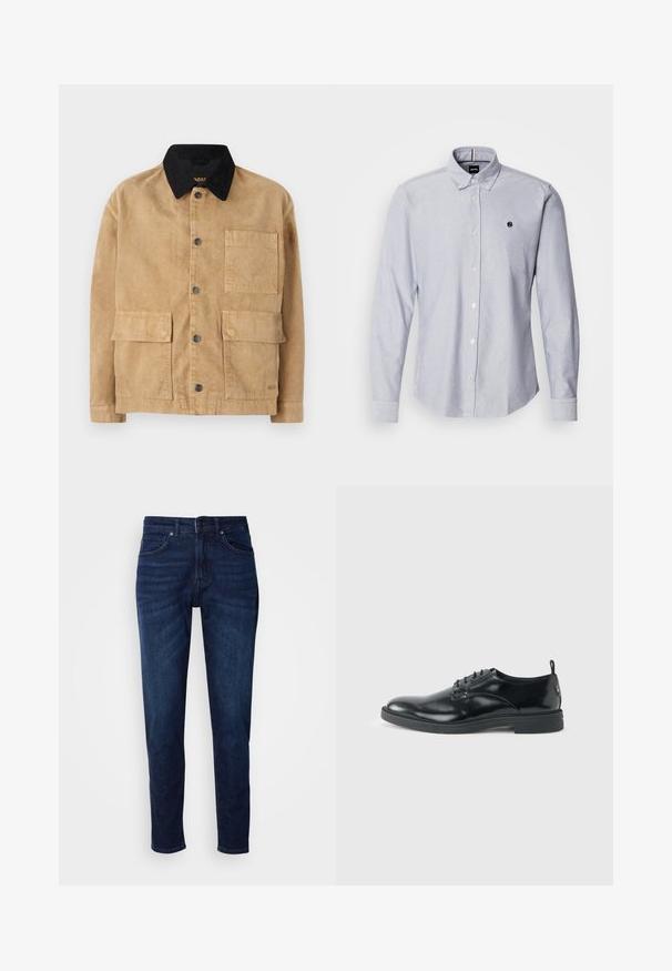 Veste en coton de couleur marron clair avec un col noir, dotée d'une fermeture à bouton sur le devant, de deux grandes poches avant et d'une poche unique sur la poitrine.; Chemise boutonnée bleu clair à manches longues, fabriquée à partir d'un tissu texturé. Présente un petit logo sur la poitrine gauche et des poignets standards.; Jean en denim bleu foncé avec une coupe droite, comportant des poches et une fermeture à bouton à la taille. Texture douce, détails de décoloration minimes.; Chaussure habillée en cuir noir brillant avec un petit talon, fermeture à lacets et bout rond, vue de côté sur un fond uni et clair.