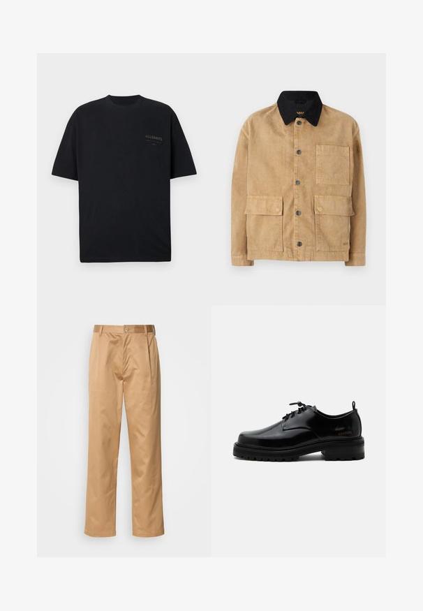 Cotton jakke i lys brun med en sort krave, der har frontknaplukning, to store forlommer og en enkelt brystlomme.; Sort T-shirt med korte ærmer og rund halsudskæring med lille "ALLSAINTS" logo trykt på øverste venstre side af brystet.; Khaki bukser, blanding af bomuld, lige ben-design, frontfald, bæltesløjfer og knaplukning. Glat tekstur uden mønstre.; Sort poleret læder snørestøvle med tyk gummisål og lav hæl, sideskilt med mærketekst "SAMSOE" og bageste træksnor.