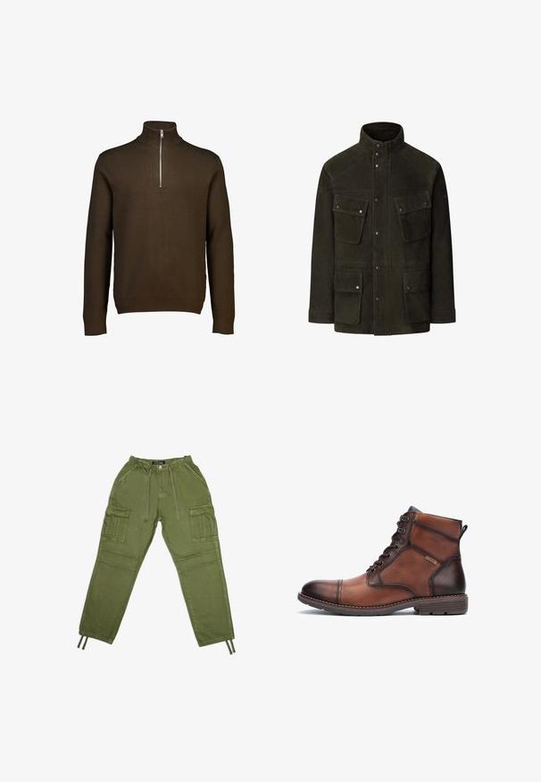 Chaqueta de ante verde oscuro con cuello alto, cuatro bolsillos delanteros, cierres a presión y detalles de costura en contraste.; Suéter marrón con cuello de cremallera, hecho de una suave tela de punto. Cuenta con mangas largas, cuello acanalado y una cremallera plateada para facilitar su uso.; Pantalones cargo verde oliva de tejido ligero, con cintura elástica, cordones y múltiples bolsillos laterales.; Bota de hombre de ante y cuero marrón con cordones, detalles de costura, tacón bajo y logo de la marca en el lateral.