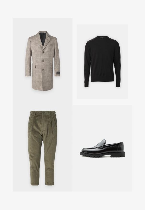 Beige plaid frakke med spids lapel, tre-knaps lukning, to frontlommer og sort inderfor. Teksturert uldstof.; Belstaff KERRIGAN CREW NECK JUMPER - Striktrøje - black; Olivengrønne fløjlsbukser med afslappet pasform, der har folder, elastisk talje og tapered ben. Struktureret stof med lodrette ribber.; Sort læderloafer med chunky gummisål, syet overdel og præget mærkenavn på hælen, vist i sideprofil på hvid baggrund.