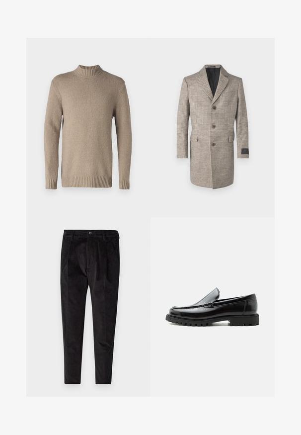 Beige plaid frakke med spids lapel, tre-knaps lukning, to frontlommer og sort inderfor. Teksturert uldstof.; Beige striktrøje med en struktureret overflade, ribbenkrave og manchetter. Har lange ærmer og en lige kant for et klassisk design.; Sorte fløjl bukser med en tekstureret overflade, der har lige ben, plisseret front og elastisk talje for øget komfort.; Sort læderloafer med chunky gummisål, syet overdel og præget mærkenavn på hælen, vist i sideprofil på hvid baggrund.
