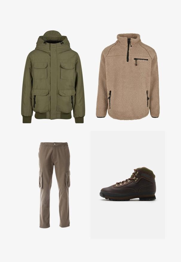 Olivgrüne Jacke aus glattem Stoff, mit Kapuze, Frontreißverschluss, vier vorderen Taschen und gerippten Bündchen.; Beige Fleecepullover mit hohem Kragen, Reißverschlusstasche auf der Brust und seitlichen Reißverschlusstaschen. Strukturiertes Material mit einer weichen, warmen Oberfläche.; Cargo-Hosen in einem khakifarbenen Ton, mit einem elastischen Bund, Knopfverschluss und zwei seitlichen Cargo-Taschen mit Klappe. Hergestellt aus strapazierfähigem Stoff.; Brauner Leder-Wanderschuh mit grünem Stoffkragen. Besitzt Metall-Schnürhaken, Gummisohle und strukturiertes Profil für besseren Halt.