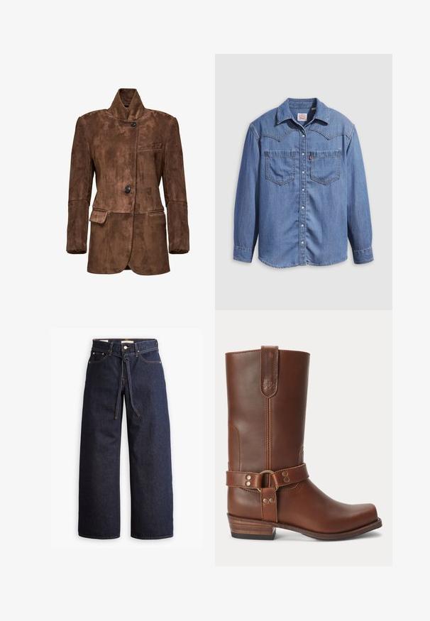 Bruine suède blazer met hoge kraag, twee zwarte knopen, twee lagere zakken en één borstzak, afgebeeld tegen een witte achtergrond.; Lichtblauw denimshirt met een puntkraag, twee borstzakken en drukknopen. Voorzien van een westernstijl yoke-ontwerp.; Wijd pijpjes donkerblauwe denim jeans met een hoge taille, voorzien van een trekkoord, vijf zakken en contrasterende stiksels.; Bruine leren midkuitlaars met een lage houten hak, ronde neus en een decoratieve band met metalen studs rond de enkel.