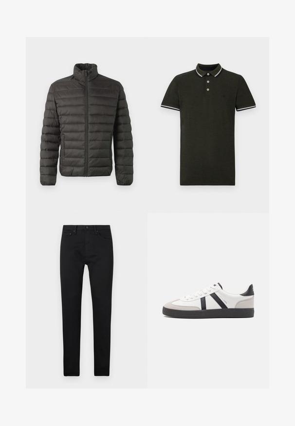 Only & Sons ONSGAVIN LIFE LIGHT JACKET - Overgangsjakke - black; Mørkegrøn polo skjorte lavet af tekstureret stof. Har en to-knaps lukning, kontraststribede krave og ærmekanter i hvid og marineblå.; Sorte slim-fit jeans med fem lommer, knaplukning og bæltestropper, præsenteret på en ensfarvet hvid baggrund.; Hvide sneakers med sorte og grå detaljer, med en tekstureret grå tåhætte, sort gummisål og flade hvide snørebånd. Rent design, minimalistisk stil.