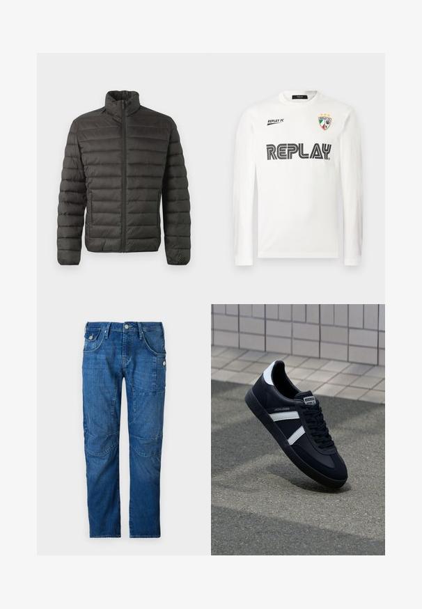 Only & Sons ONSGAVIN LIFE LIGHT JACKET - Übergangsjacke - black; Weißes Langarmhemd mit schwarzem "REPLAY"-Schriftzug über der Brust, kleinem "REPLAY FC"-Schriftzug oben links und einem dreifarbigen Wappenemblem mit drei Sternen oben rechts.; Blaue Denim-Hosen mit geradem Schnitt, ausgestattet mit dem klassischen Fünf-Taschen-Design und zusätzlichen Seitentaschen. Abgewetzte Textur auf dem Stoff.; Schwarze Leder-Sneaker mit weißen Streifen, strukturiertem Gummisohle und Schnürung. Verfügt über ein Markenetikett auf der Zunge.