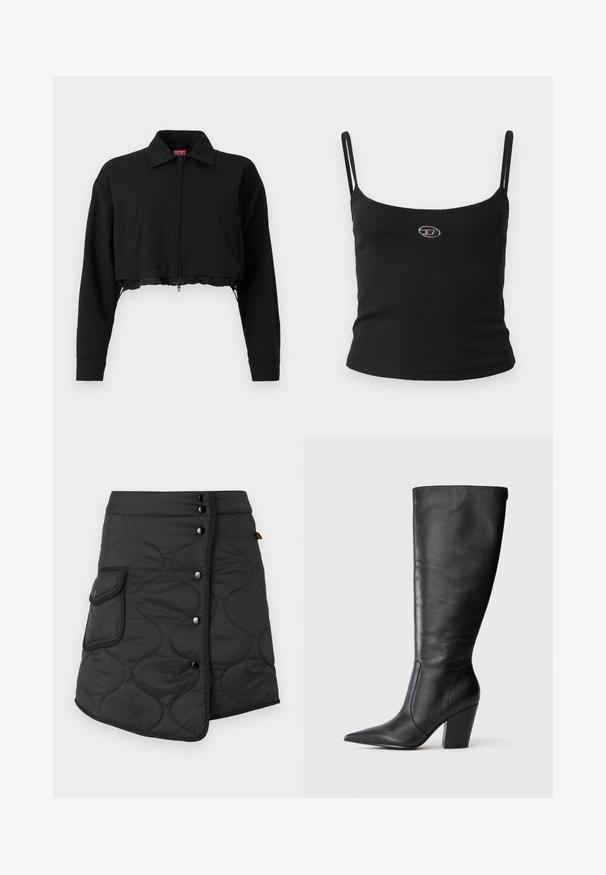 Sort cropped jakke med lynlås foran, to sidelommer og krave. Lavet af glat stof med en tætsiddende silhuet.; Sort ribstrikket camisole-top med tynde stropper og en lille metallisk logo midt på. Stoffet virker strækbart og kropsnært.; Sort kviltet nederdel med en asymmetrisk kant, der har fem mørke knapper og en sidelomme med rund flapdetalje.; Sort læderknehøj støvle med spids tå og kraftig høj hæl, vist i venstre sideprofil på hvid baggrund.