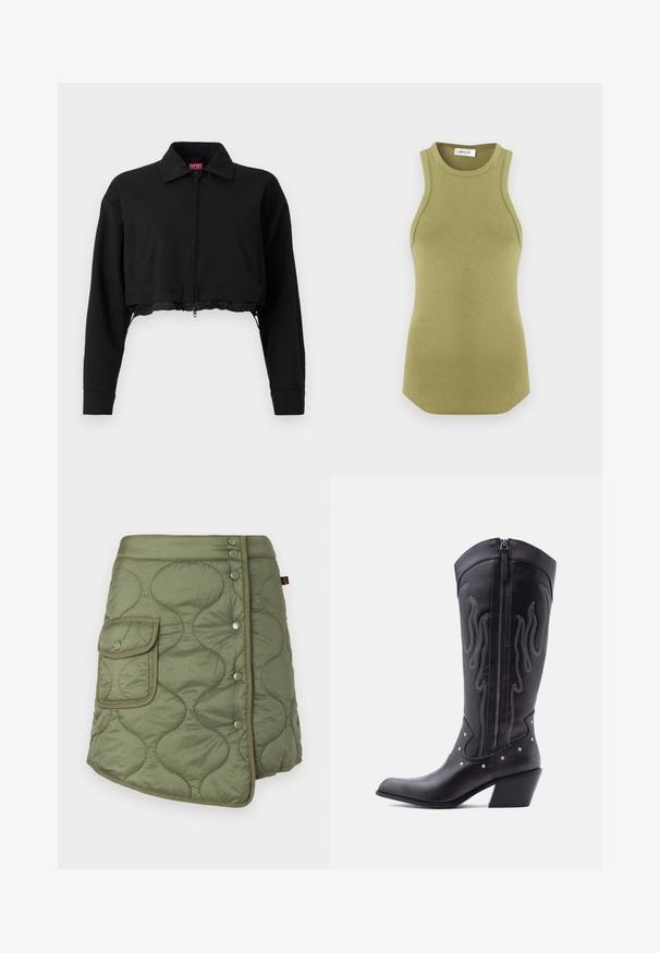 Sort cropped jakke med lynlås foran, to sidelommer og krave. Lavet af glat stof med en tætsiddende silhuet.; Ærmeløs olivengrøn ribstrikket tanktop med rund halsudskæring og let buet kant, lagt fladt på en hvid baggrund.; Quiltet olivengrøn nederdel med en omslagdesign, der har en sidelomme, trykknapper og en glat, let blank tekstur.; Sorte cowboystøvler i læder med spids tå, synlige sømme, sølvfarvede nitte-detaljer og lynlås på den indvendige side.