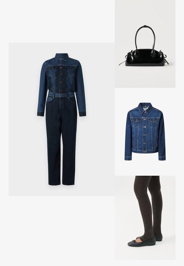 Chaqueta de mezclilla en azul oscuro con un corte clásico, cierre de botones, dos bolsillos en el pecho y costuras amarillas en contraste.; Pantalón mono de mezclilla en un color azul oscuro, con mangas largas, cierre de botones en la parte delantera, cuello y cintura ceñida con cinturón, además de dos bolsillos en el pecho.; Piernas con leggings oscuros acanalados combinados con bailarinas negras que presentan pequeños detalles de lazo sobre un fondo blanco.; Pequeño bolso negro brillante con dos asas largas y detalles de cordón lateral sobre un fondo claro liso.
