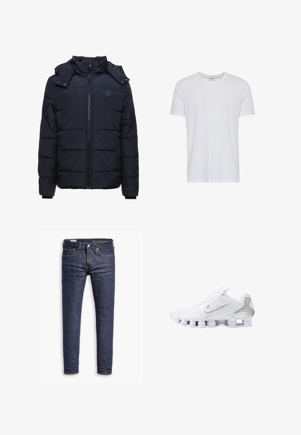 Mørkeblå puffjakke med lynlås, høj krave og aftagelig hætte. Vandret quiltet mønster og sidelommer. Blødt materiale.; Plain hvid kortærmet t-shirt med rund hals, vist på en hvid baggrund, med et lille nakke-label, der viser mærket “Solid”.; Mørkeblå slim-fit Levi's Performance jeans med fem lommer og synlig syning på hvid baggrund.; Hvide sportssko med en tekstureret overdel, en sølvfarvet swoosh-logo, meshpaneler og en karakteristisk opdelt hvid sål.