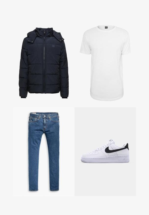 Veste rembourrée bleu marine avec fermeture éclair, col montant et capuche amovible. Motif matelassé horizontal et poches latérales. Matériau doux.; T-shirt blanc à manches courtes en coton, avec un col rond classique, une coupe décontractée et sans motifs ni logos visibles.; Jeans slim fit en denim bleu avec cinq poches, bouton avant et passants de ceinture, présentés à plat sur un fond blanc.; Sneaker en cuir blanc avec un Swoosh noir texturé, des lacets plats et une semelle en caoutchouc avec un motif strié. "AIR" est embossé sur le talon.