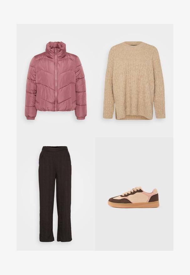 Veste courte en duvet de couleur rose doux, avec un col haut, une fermeture éclair à l'avant et un motif matelassé en chevrons. Poignets élastiques et poches latérales.; Pull en tricot beige avec un design en câble texturé, col rond et manches longues. Présente des fentes latérales et une coupe décontractée. Matière douce.; Pantalons larges noirs en tissu texturé avec un design plissé. Dotés d'une ceinture élastique et de poches latérales.; Baskets décontractées avec panneaux en daim beige clair, rose pâle et marron foncé, fermeture à lacets et semelle en caoutchouc gomme sur fond uni.
