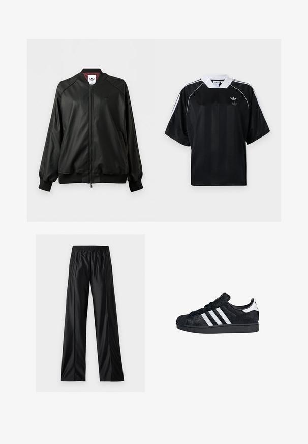 Chaqueta bomber negra con cremallera, puños y cuello de canalé, logo discreto de Adidas en el pecho y forro interior burdeos.; Camiseta deportiva negra de manga corta, con detalles blancos y cuello en V. Presenta rayas verticales y un pequeño logo en el pecho.; Pantalones negros de pierna ancha de piel sintética con cintura elástica y bolsillos laterales con cremallera, mostrados sobre un fondo blanco.; adidas Originals SUPERSTAR II W - Zapatillas - core black cloud white core black
