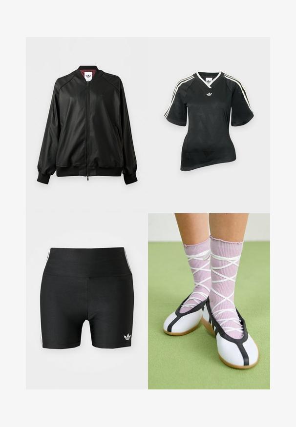 Čierna bomber bunda na zips s rebrovanými manžetami a golierom, jemné logo Adidas na hrudi a bordová vnútorná podšívka.; Čierne športové tričko s výstrihom do V, krátkym rukávom a textúrovaným vzorom chevron. Má biele tri pásikové ozdoby na ramenách a logo.; Čierne športové šortky z elastickej tkaniny s vysokým pásom. Obsahujú biele bočné pruhy a malé biele logo na leme.; Nohy v rebrovaných levanduľových ponožkách s bielymi krížovými pásmi v kombinácii s bielymi baletnými papučkami s čiernym lemom na zelenej podlahe.