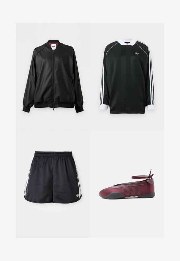 Chaqueta bomber negra con cremallera, puños y cuello de canalé, logo discreto de Adidas en el pecho y forro interior burdeos.; Camiseta negra de manga larga con escote en V, con rayas verticales, detalles en blanco y tres rayas blancas en cada manga. Pequeño logo en el pecho.; Bermudas deportivas negras con cintura elástica, detalles de tres rayas blancas a los lados y un pequeño logo en el dobladillo inferior.; Bailarina burdeos con suela negra, tiras elásticas en el tobillo atadas en moño y detalles cosidos en los laterales, vista desde el lado exterior.