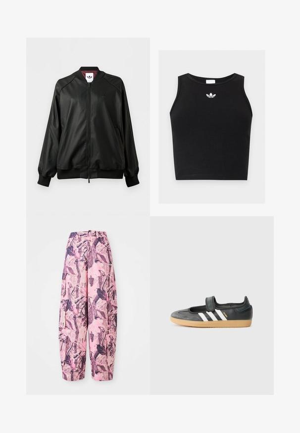 Juoda bomber stiliaus striukė su užtrauktuku, riboto dizaino rankogaliais ir apykakle, subtiliu Adidas logotipu ant krūtinės ir bordo pamušalu.; Juodas išmegztas be rankovių trumpas palaidinė su apvalia iškirpte ir mažu baltu Adidas trefoil logotipu centre netoli apykaklės.; Rožinės ir violetinės spalvos plačios kelnės su lapų ir šakelių raštu, aukštu liemeniu ir šoniniais kišenėmis papildomai funkcionalumui.; Juodas odinis ir zomšinis sportinis batelis su Velcro dirželiu, turintis tris baltas juosteles ir guminiu padu, šone užrašytas "SAMBA".