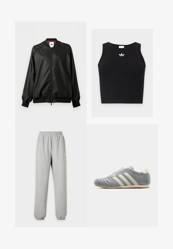 Zwarte bomberjas met rits, geribde manchetten en kraag, subtiel Adidas-logo op de borst en bordeauxrode voering.; Zwarte geribbelde mouwloze cropped top met ronde hals en klein wit Adidas trefoil-logo gecentreerd bij de kraag.; Lichtgrijze joggingbroek met elastische tailleband en boorden, zijzakken en een klein wit logo op het bovenbeen.; adidas Originals TAEKWONDO W - Sneakers laag - silver metallic/off white