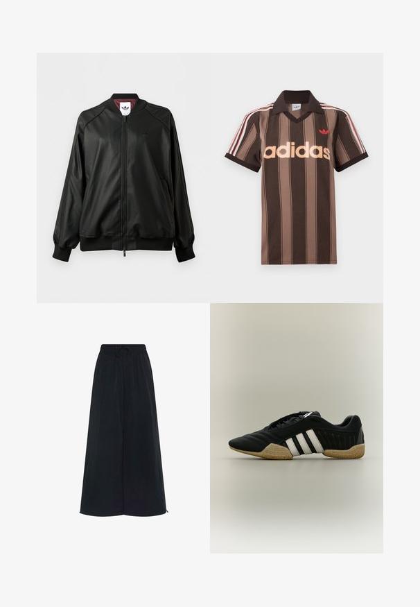 Čierna bomber bunda na zips s rebrovanými manžetami a golierom, jemné logo Adidas na hrudi a bordová vnútorná podšívka.; Hnedé prúžkované polo tričko Adidas s výstrihom do V, bordovým golierom a červeným logom. Má bielo-červené pruhy na ramenách a krátke rukávy.; Čierne široké nohavice s elastickým pásom a nastaviteľnou šnúrkou. Vyrobené z ľahkej tkaniny s hladkou textúrou. Bez viditeľných vzorov.; Čierna športová obuv s bielymi pruhmi a béžovou textúrovanou podrážkou na neutrálom pozadí, zobrazená zo strany.