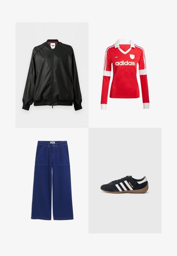 Veste bomber noire zippée avec poignets et col côtelés, logo Adidas discret sur la poitrine, et doublure intérieure bordeaux.; Maillot de football à manches longues rouge avec un col et des poignets blancs. Présente trois rayures blanches sur les épaules et le logo "adidas" affiché en évidence.; Pantalon large bleu marine avec poches plaquées à l'avant, passants de ceinture, fermeture par bouton et coutures blanches visibles sur fond blanc.; Baskets en daim noir avec trois bandes blanches, semelle en caoutchouc beige, et un petit logo doré sur le côté. Dotées d'une doublure intérieure noire lisse.