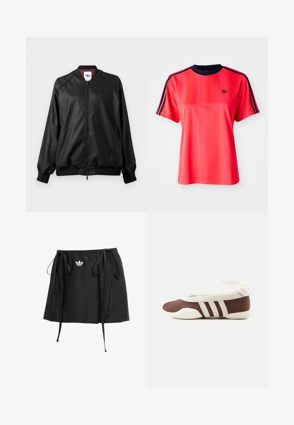 Zwarte bomberjas met rits, geribde manchetten en kraag, subtiel Adidas-logo op de borst en bordeauxrode voering.; Rode sportieve t-shirt met korte mouwen, voorzien van verticale strepen, een marineblauwe ronde hals en een klein zwart logo op de voorkant.; Zwarte sport rok met verstelbare trekkoorden, met een klein wit logo aan de voorkant. Gemaakt van lichtgewicht stof met een zachte textuur.; Bruine en witte ballerinaschoenen met drie witte strepen en een strik om de enkel op een effen lichte achtergrond.