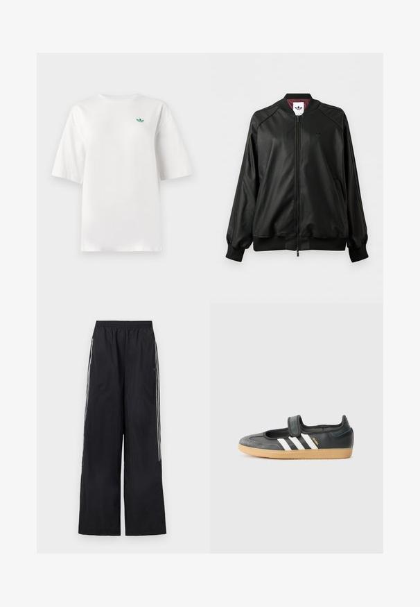 Chaqueta bomber negra con cremallera, puños y cuello de canalé, logo discreto de Adidas en el pecho y forro interior burdeos.; Camiseta blanca de algodón, con mangas cortas y cuello redondo. Un pequeño logo verde está situado en la zona izquierda del pecho.; Pantalones de chándal negros de pierna ancha con cinturilla elástica y tres rayas blancas a cada lado de cada pierna.; Zapatilla de deporte de cuero negro y ante con una correa de Velcro, que presenta tres rayas blancas y una suela de goma, etiquetada "SAMBA" en el lateral.