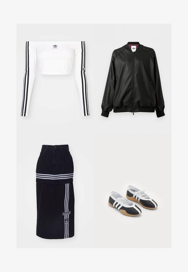 Chaqueta bomber negra con cremallera, puños y cuello de canalé, logo discreto de Adidas en el pecho y forro interior burdeos.; Top corto blanco de manga larga y sin hombros en tejido elástico. Presenta acentos en negro con tres rayas en las mangas y un pequeño logo negro en el pecho.; Falda de mezclilla negra con cintura alta, que presenta dos rayas horizontales blancas, una etiqueta con el logo de Adidas en el lateral y un diseño de corte recto.; Zapatillas deportivas en blanco y negro con un diseño elegante, suela de goma, cierre de cordones y tres franjas blancas en los lados.
