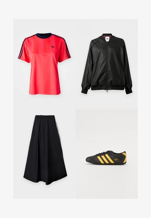 Schwarze Bomberjacke mit Reißverschluss, gerippten Bündchen und Kragen, dezentem Adidas-Logo auf der Brust und bordeauxfarbenem Innenfutter.; Rotes sportliches T-Shirt mit kurzen Ärmeln, das von vertikalen Streifen, einem marineblauen Rundhalsausschnitt und einem kleinen schwarzen Logo auf der Vorderseite geprägt ist.; Schwarze weit geschnittene Hose mit elastischem Bund und weißen Seitenstreifen, vor einem schlichten weißen Hintergrund präsentiert.; Schwarzer lederner Sportschuh mit gelbem Drei-Streifen-Design, gerundeter Zehenpartie, schwarzen Schnürsenkeln und kleinem Logo an der Seite. Niedriges Profil.