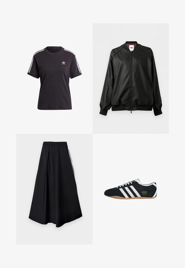 Schwarze Bomberjacke mit Reißverschluss, gerippten Bündchen und Kragen, dezentem Adidas-Logo auf der Brust und bordeauxfarbenem Innenfutter.; Schwarzes Baumwoll-T-Shirt mit kurzen Ärmeln und Rundhalsausschnitt, mit weißen Streifen auf den Schultern und einem kleinen weißen Adidas-Logo auf der Brust.; Schwarze weit geschnittene Hose mit elastischem Bund und weißen Seitenstreifen, vor einem schlichten weißen Hintergrund präsentiert.; Schwarze Wildledersneaker mit drei weißen Streifen, goldenem Logo und brauner Gummisohle. Merkmale ein niedrigprofiliertes Schnürdesign.