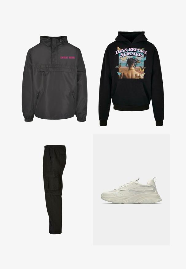 Chaqueta negra con capucha, con un bolsillo con cremallera en el frente, puños elásticos y la frase "KNIGHT RIDER" en impresión rosa en el pecho. Material suave y ligero.; Sudadera negra con un gráfico central que presenta la espalda de una persona rodeada de mariposas, con el texto "DAYS BEFORE SUMMER" en color rosa.; Pantalones cargo negros con un corte relajado, cintura elástica, bolsillos laterales y un gran bolsillo cargo en el muslo. Tejido suave y ligero.; Zapatilla blanca gruesa con detalles de malla, suela de goma texturizada y forma redondeada. Presenta una marca mínima y una lengüeta para tirar en el talón.