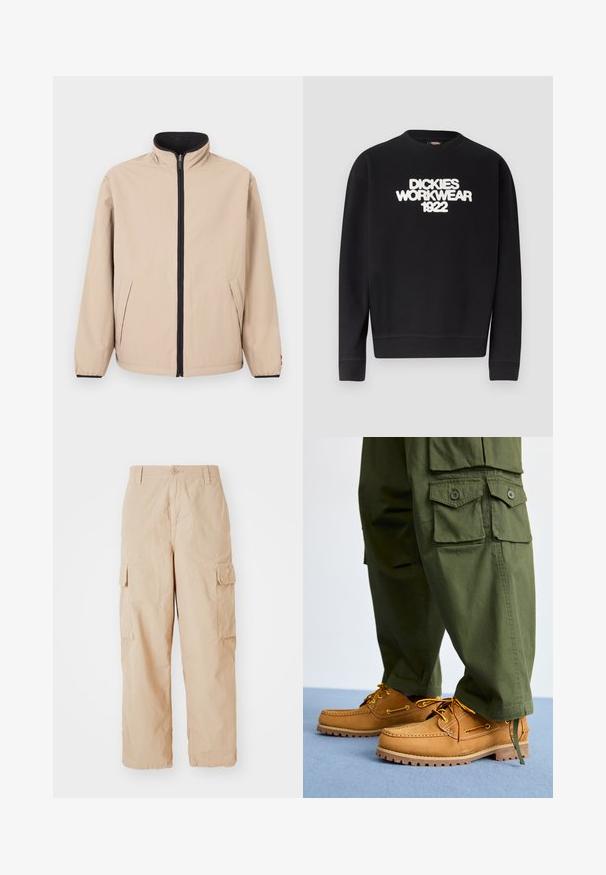 Veste beige avec un col montant, une fermeture éclair à l'avant et des accents noirs. Comprend deux poches latérales et des poignets élastiques. Texture lisse.; Sweat-shirt noir à col rond avec texte blanc texturé "DICKIES WORKWEAR 1922" sur la poitrine, poignets et ourlet côtelés.; Pantalons cargo beige avec une coupe décontractée, fabriqués en tissu léger, dotés de deux poches cargo latérales et d'une fermeture à bouton à la taille.; Timberland AUTHENTIC 3 EYE - Chaussures bateau - wheat
