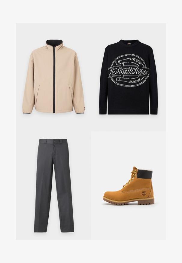 Beige jakke med høj krave, frontlynlås og sorte detaljer. Har to sidelommer og elastiske ærmeafslutninger. Glat tekstur.; Sort langærmet sweater med stor hvid Dickies-logo strikket tværs over brystet, ribstrikkede manchetter og kant.; Grå bukser lavet af glat stof, med lige ben-design, knappelukning og bæltesløjfer; minimale sømme og uden mønstre.; Brune læder ankelstøvle med metaløjer, hvid pelsforing, sort polstret krave, robust sål og præget logo på siden.