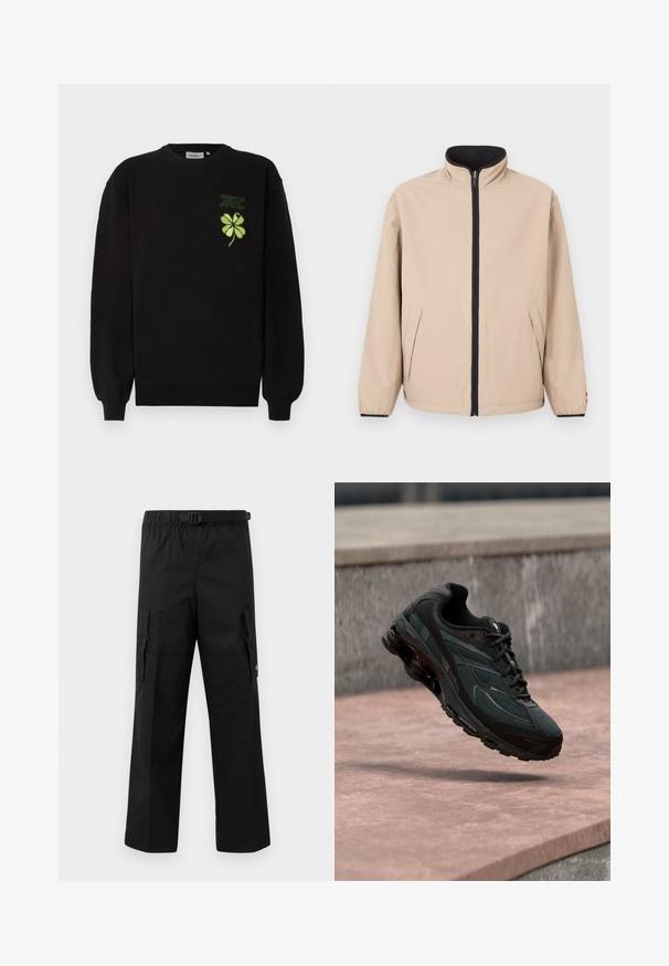 Veste beige avec un col montant, une fermeture éclair à l'avant et des accents noirs. Comprend deux poches latérales et des poignets élastiques. Texture lisse.; Sweat-shirt noir en tissu doux, avec un trèfle à quatre feuilles vert brodé et un texte sur la poitrine. Poignets et ourlet côtelés.; Pantalons cargo noirs avec une coupe large, une taille ajustable avec une boucle et deux poches latérales pour le rangement. Tissu léger.; Baskets athlétiques noires avec une semelle intercalaire à coussin d’air visible flottant au-dessus d’une surface en pierre rose avec un mur en pierre gris en arrière-plan.