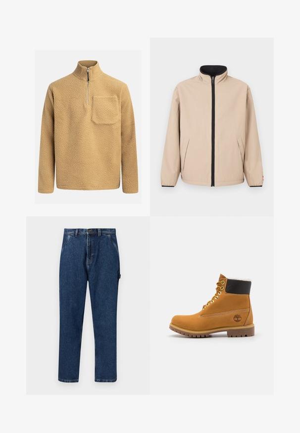 Veste beige avec un col montant, une fermeture éclair à l'avant et des accents noirs. Comprend deux poches latérales et des poignets élastiques. Texture lisse.; Pull en polaire beige avec un col montant, fermeture éclair sur le devant et une poche poitrine. Tissu texturé avec un aspect doux et confortable.; Jean en denim bleu foncé à jambes droites avec poches avant, passants pour ceinture, fermeture par bouton et un détail en boucle sur le côté droit.; Bottine en cuir brun avec œillets en métal, doublure en fourrure blanche, col rembourré noir, semelle robuste et logo en relief sur le côté.