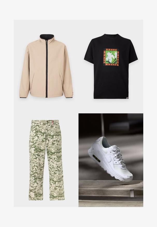Veste beige avec un col montant, une fermeture éclair à l'avant et des accents noirs. Comprend deux poches latérales et des poignets élastiques. Texture lisse.; T-shirt noir à manches courtes avec un motif carré central de fleurs blanches, de tiges vertes et une bordure géométrique orange.; Pantalons droits pour hommes avec motif camouflage pixellisé vert et beige, poches avant, présentés sur un fond clair.; Sneaker Nike Air Max 90 blanche avec une tige en mesh et cuir, une boîte à orteils perforée et une unité air visible au talon.