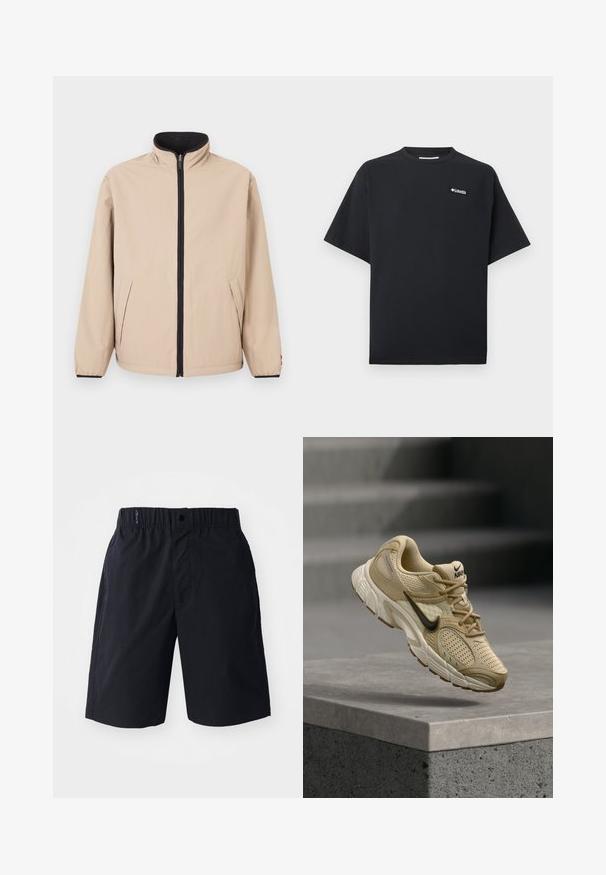 Chaqueta beige con cuello alto, cremallera frontal y detalles en negro. Cuenta con dos bolsillos laterales y puños elásticos. Textura suave.; Camiseta negra de manga corta con pequeño logo blanco de Columbia en la parte superior izquierda del pecho, cuello redondo y corte holgado.; Pantalones cortos negros hechos de tejido ligero, con un frente plano, cintura elástica y bolsillos laterales. Diseño simple sin patrones.; Zapatilla de running Nike beige con logo Swoosh negro, tejido de malla y suela blanca gruesa, suspendida sobre una superficie de hormigón con escalones al fondo.