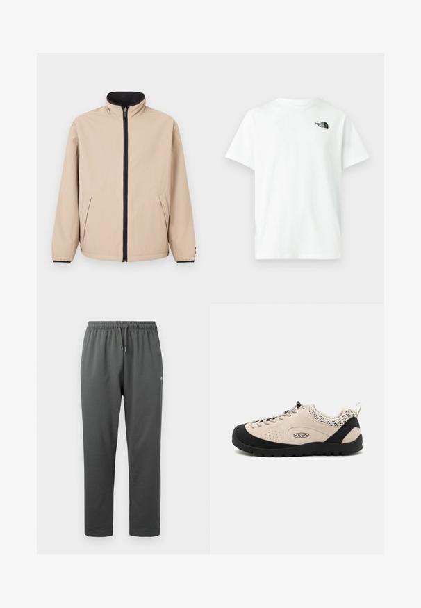 Beige jakke med høj krave, frontlynlås og sorte detaljer. Har to sidelommer og elastiske ærmeafslutninger. Glat tekstur.; Hvid bomuld t-shirt med korte ærmer og rund halsudskæring, med en lille sort logo af The North Face på venstre bryst.; Mørkegrå fleece-sweatpants med elastisk taljebånd og snor, med en lille logo på højre lår.; Beige ruskindsko med sort gummitåhætte og sål, med snøredesign og åndbare mesh-detaljer på hælen.