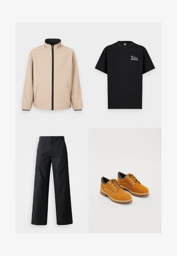 Beige Jacke mit hohem Kragen, Reißverschluss vorne und schwarzen Akzenten. Verfügt über zwei Seitentaschen und elastische Bündchen. Glatte Textur.; Schwarzes kurzärmliges T-Shirt aus Baumwolle mit einem grafischen "Dickies"-Logo in heller Kontrastfarbe auf der Vorderseite. Standard-Rundhalsausschnitt.; Schwarze weit geschnittene Baumwollhose. Verfügt über einen Knopfverschluss, Gürtelschlaufen und Seitentaschen. Glatte Textur mit tailliertem Schnitt.; Braune Wildlederschuhe mit einer runden Zehenpartie, gelben Schnürsenkeln, einem gepolsterten schwarzen Kragen und Gummisohlen mit Rillen für besseren Halt.