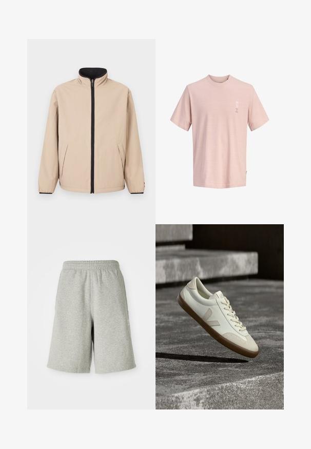 Beige jakke med høj krave, frontlynlås og sorte detaljer. Har to sidelommer og elastiske ærmeafslutninger. Glat tekstur.; Lys pink bomulds-T-shirt med korte ærmer, lille hvid blomst og "SUN IS HERE" tekst øverst til venstre på brystet.; Grå bomuldsshorts med elastisk talje, knælængde design og diskret logo detalje på siden. Blød tekstur med en afslappet, sportiv pasform.; Hvide læder sneakers med tanfarvet gummisål, flade snørebånd og V-formet detalje på siden. Har en glat overflade og minimale syninger.
