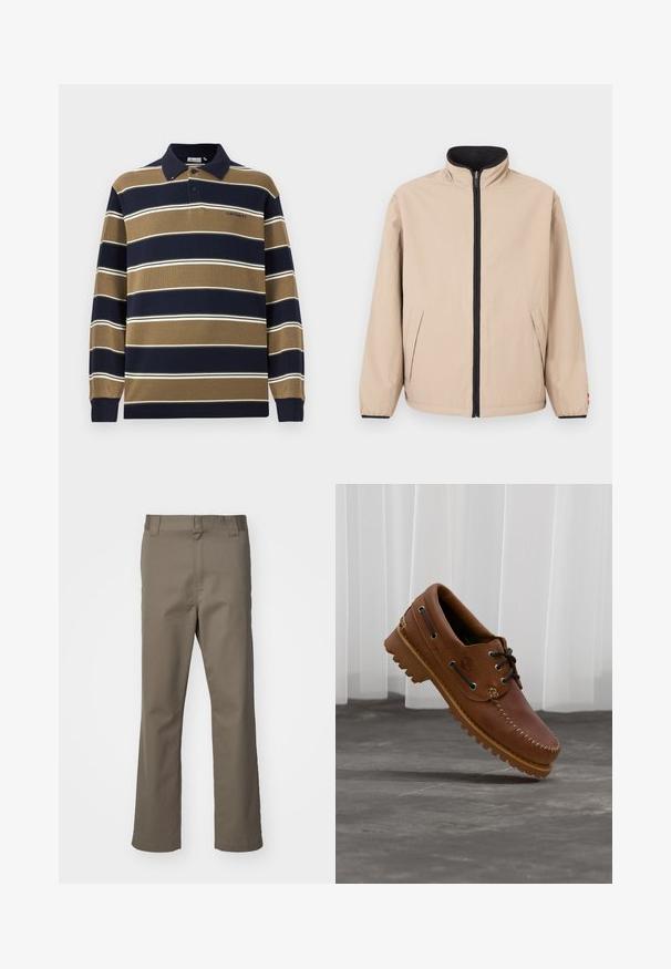 Veste beige avec un col montant, une fermeture éclair à l'avant et des accents noirs. Comprend deux poches latérales et des poignets élastiques. Texture lisse.; Polo à manches longues avec des rayures verticales bleu marine, beige et blanches ; comprend un col, une patte de boutonnage à trois boutons et un logo brodé sur la poitrine.; Pantalons marron à jambes droites avec passants de ceinture, fermeture éclair à l'avant et sans poches visibles, présentés sur un fond blanc.; Chaussure de bateau en cuir marron avec des lacets noirs, des coutures beiges et une semelle robuste, suspendue au-dessus d'un sol en béton gris.