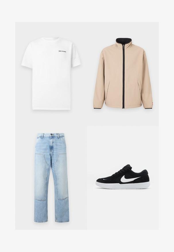 Beige jacket with a high collar, front zipper, and black accents. Features two side pockets and elastic cuffs. Smooth texture.; White short-sleeve T-shirt with "OBEY STUDIOS" text printed in black on the upper left chest.; Light blue denim jeans with high waist, large front patch pockets, button closure, and straight wide legs.; Black suede sneaker with white accents, featuring a rounded toe, thick white sole, and black laces. Prominent white Nike logo on the side.