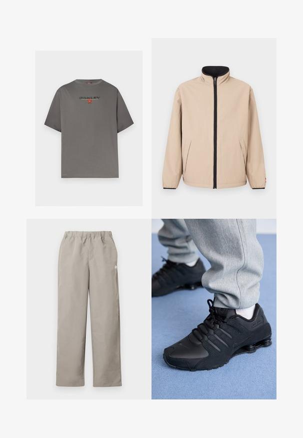 Veste beige avec un col montant, une fermeture éclair à l'avant et des accents noirs. Comprend deux poches latérales et des poignets élastiques. Texture lisse.; T-shirt gris à manches courtes avec le logo "OAKLEY" et un petit graphisme rouge centré sur la poitrine, présenté sur un fond blanc uni.; Pantalon beige à jambe droite avec une ceinture élastique et un petit logo blanc sur la couture latérale droite.; Personne portant des baskets Nike Shox noires et un pantalon de survêtement gris, debout sur un tapis bleu clair.